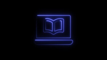 Poster - Neon Laptop Book Icon Animation Digital Learning Concept Glowing Blue Outline on Black Background