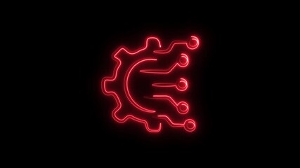 Aufkleber - Glowing Red Neon Gear Circuitry Symbol on Black Background Futuristic Technology Concept for
