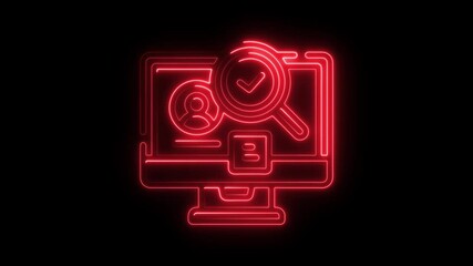Poster - Neon Sign Computer Screen with Magnifying Glass and Checkmark Symbolizing Verification and