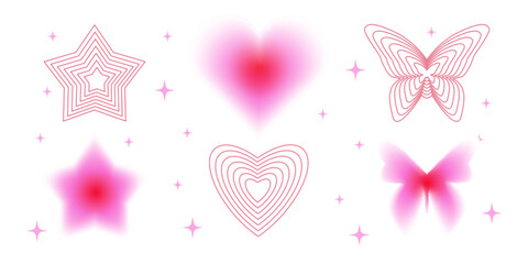 Poster - Y2k design elements - pink gradient butterfly shapes, blurred star silhouettes, linear heart patterns with sparkles for nostalgic aesthetic digital art, valentine decoration or romantic retro graphic