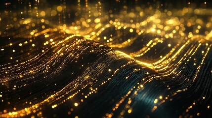 Poster - Golden Data Waves Abstract Flow of Light and Digital Particles