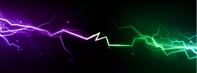 Poster - Neon vs thunder clash with purple electric bolt meeting green lightning strike. Glowing energy collision with bright sparks scattered on dark bg for gaming competition, futuristic confrontation effect