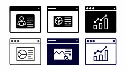 Poster - Set of six hand drawn web browser windows with data charts and user profile icons isolated on white background