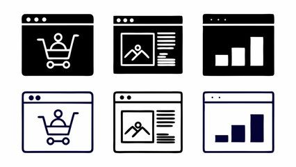 Poster - Collection of six hand drawn web browser interface icons representing shopping content and analytics isolated on white background