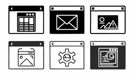 Fototapete - Collection of six hand drawn computer window icons representing different functions isolated on white background