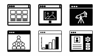 Poster - Collection of six hand drawn website interface icons representing various business concepts isolated on white background
