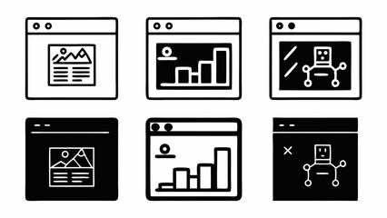 Fototapete - Collection of six hand drawn icons representing web pages with content like images and charts isolated on white background