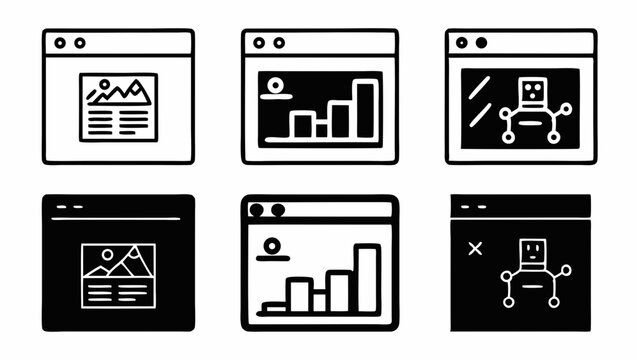 Collection of six hand drawn icons representing web pages with content like images and charts isolated on white background