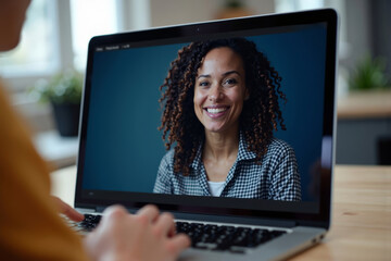 Poster - Reflection of a person in an e-learning video conference webinar on a business laptop screen, with overlapping faces