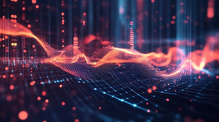 Poster - Abstract Red and Blue Digital Data Waves with Particle Grid

