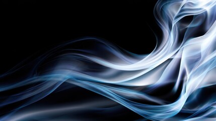Poster - Ethereal blue and white smoke waves gracefully flowing against a black background, creating a serene atmosphere