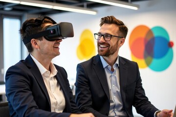 Poster - Two colleagues collaborating and sharing ideas in a contemporary office setting adorned with vibrant abstract artwork, while enjoying a virtual reality experience.