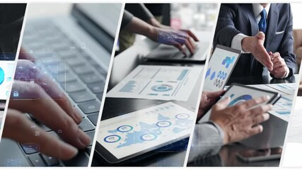 Aufkleber - Collage footage of various business scenes and digital technology concept