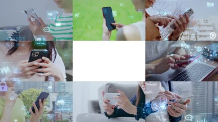 Aufkleber - スマホを使うさまざまなシーンのコラージュとデジタルテクノロジーのコンセプト