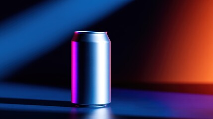 Poster - A sleek, metallic beverage can illuminated by vibrant blue and orange lights on a dark surface