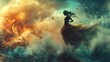 © Crafted - A woman in a flowing yellow dress stands against a backdrop of swirling clouds and flames, a dramatic and ethereal scene.