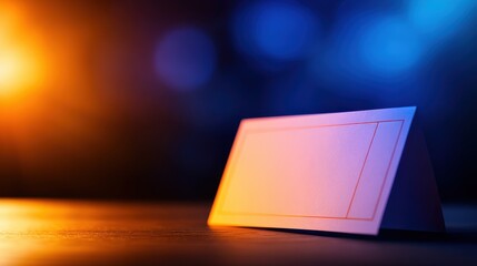 Poster - A blank business card on a wooden surface illuminated by colorful ambient lighting