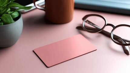 Poster - A serene workspace featuring a minimalistic pink desk, a coffee mug, glasses, and a plant