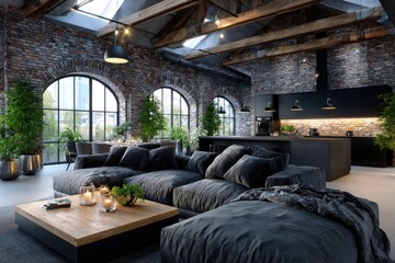 Poster - Modern industrial living space with large windows and cozy furnishings in an urban setting