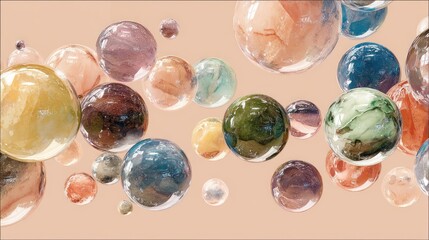 Fototapete - A collection of colorful translucent spheres floating against a light peach colored background space scene