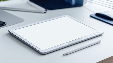 Poster - Modern workspace featuring a blank tablet on a desk with stationery and digital devices nearby