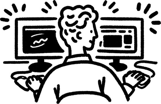 Motion designer editing on dual monitors - creative workflow concept