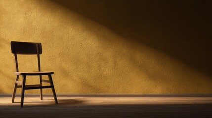 Poster - A solitary wooden chair positioned against a textured yellow wall, casting soft shadows