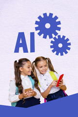 Poster - Vertical art 3d creative image collage of two happy classmates schoolgirls hold phone artificial intelligence app gearwheel