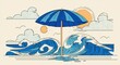 © li - Flat line art illustration of summer beach scene with umbrella, waves, and sun, perfect for vacation banners and seasonal promo designs. High quality