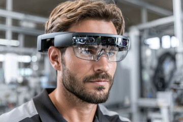 Poster - Innovative technology demonstration with augmented reality glasses in a modern workspace
