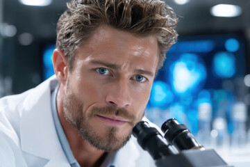 Poster - Scientist examining samples under microscope in modern laboratory setting