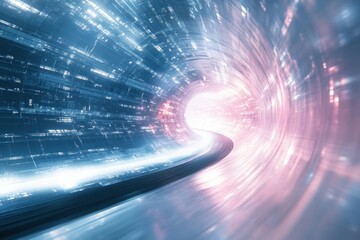 Poster - Dynamic light tunnel showcasing vibrant beams and swirling colors in a futuristic setting