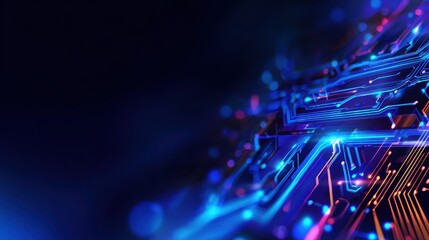 Fototapete - Abstract close-up of vibrant circuit board design with glowing lines and dots on dark background