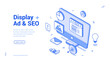 © provectors - Display ad SEO internet digital marketing outline isometric web banner design template vector illustration. Online advertising computer search engine optimization strategy development landing page