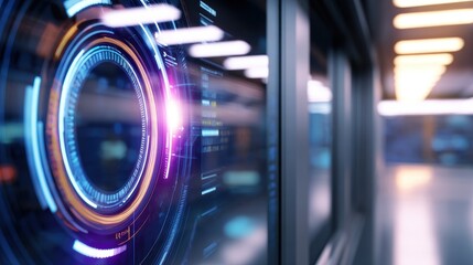 Fototapete - Futuristic digital interface with glowing elements in a modern corridor setting