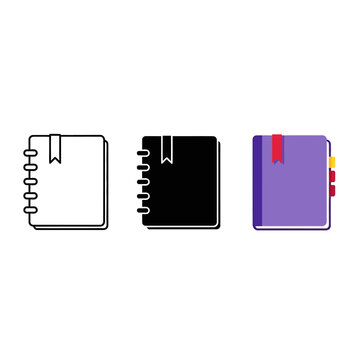 Three notebook icons show a line drawing, a silhouette, and a colorful version isolated on white background