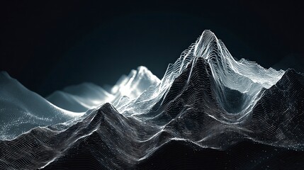 Poster - Abstract 3D rendering of digital mountains, with light lines forming intricate patterns on the peaks and valleys, set against a dark background. The design is minimalist yet powerful, 
