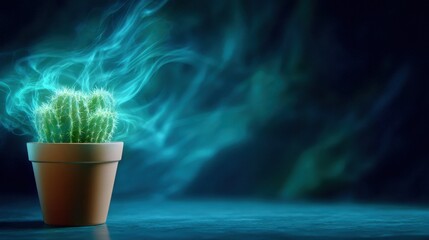 Poster - A glowing cactus in a pot emits ethereal green smoke against a dark background