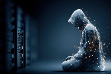 Poster - Abstract hooded figure surrounded by glowing network connections in a server room