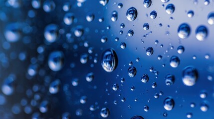Poster - Close-up of water droplets on a blue surface, creating a serene atmosphere with reflections
