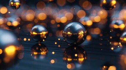Poster - Reflective spheres scattered across a dark surface, illuminated by warm glowing lights in the background