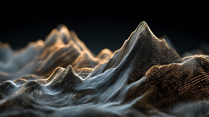 Poster - Abstract 3D rendering of digital mountains, with light lines forming intricate patterns on the peaks and valleys, set against a dark background. The design is minimalist yet powerful, 