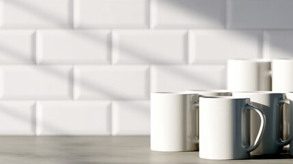 Poster - A serene kitchen scene featuring white mugs arranged on a countertop with soft shadows