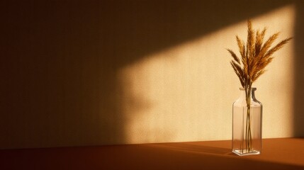 Poster - Elegant glass vase with dried grass in soft sunlight, creating warm ambiance in serene setting