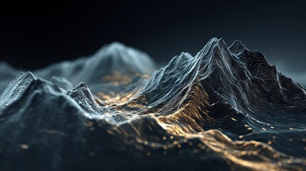 Poster - Abstract 3D rendering of digital mountains, with light lines forming intricate patterns on the peaks and valleys, set against a dark background. The design is minimalist yet powerful, 