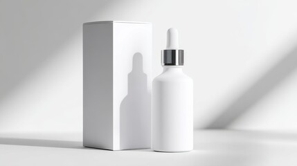 Poster - Minimalist white dropper bottle and box casting soft shadows in a serene setting