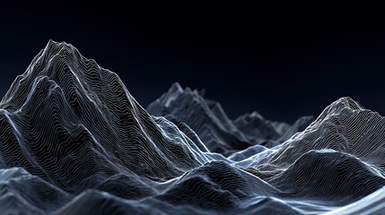 Poster - Abstract 3D rendering of digital mountains, with light lines forming intricate patterns on the peaks and valleys, set against a dark background. The design is minimalist yet powerful, 