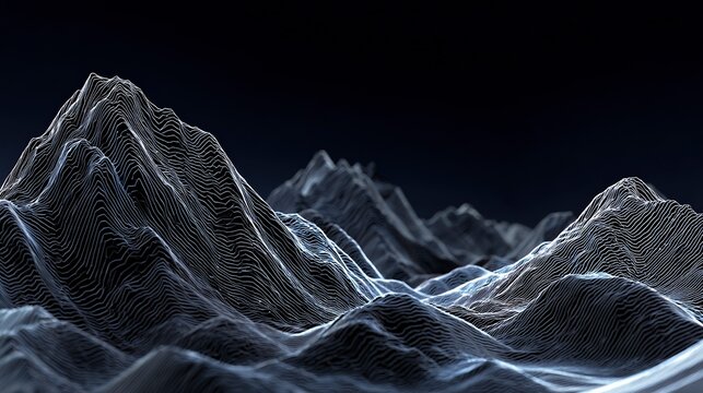 Abstract 3D rendering of digital mountains, with light lines forming intricate patterns on the peaks and valleys, set against a dark background. The design is minimalist yet powerful, 