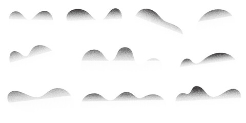 Poster - Grainy dotted abstract shapes on white background. Noisy gradient with black stipple shadow. Vector liquid figures with dotted fade. Dusty spots with diffuse texture. Monochrome fluid effect