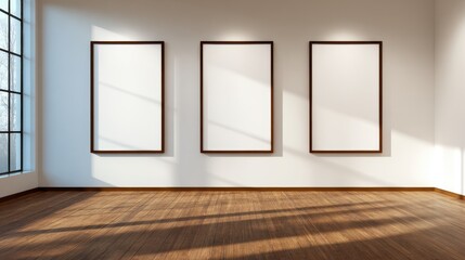 Poster - Empty art gallery with three blank frames casting shadows on wooden floor